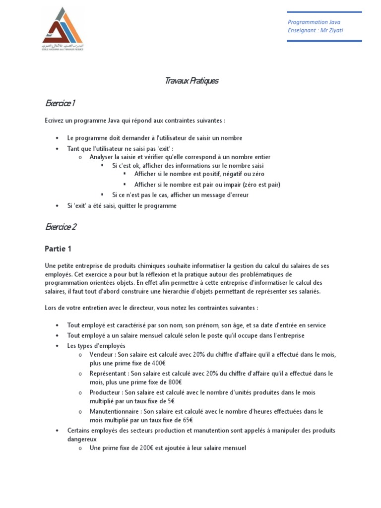 Programmation Java : Exercices Pratiques | PDF | Java (Langage de ...