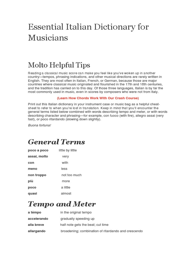 Essential Italian Dictionary For Musicians | PDF | Tempo | Notation