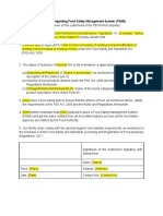 Declaration Regarding Food Safety Management System (FSMS)