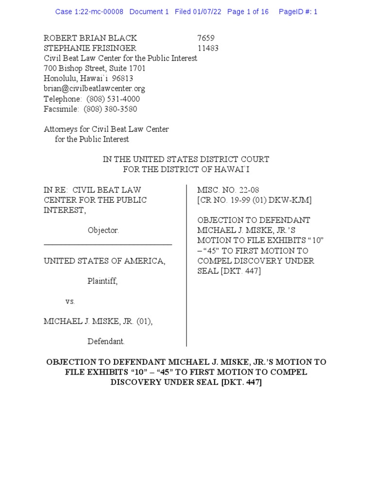Objection To Defendant Michael Miske's Motion To File Exhibits Under Seal PDF Discovery (Law
