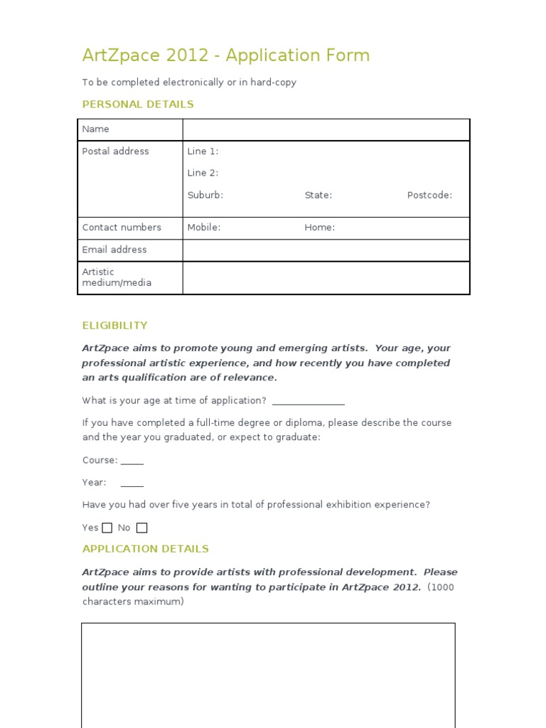 ArtZpace 2012 Application Form | PDF | Curriculum | Communication
