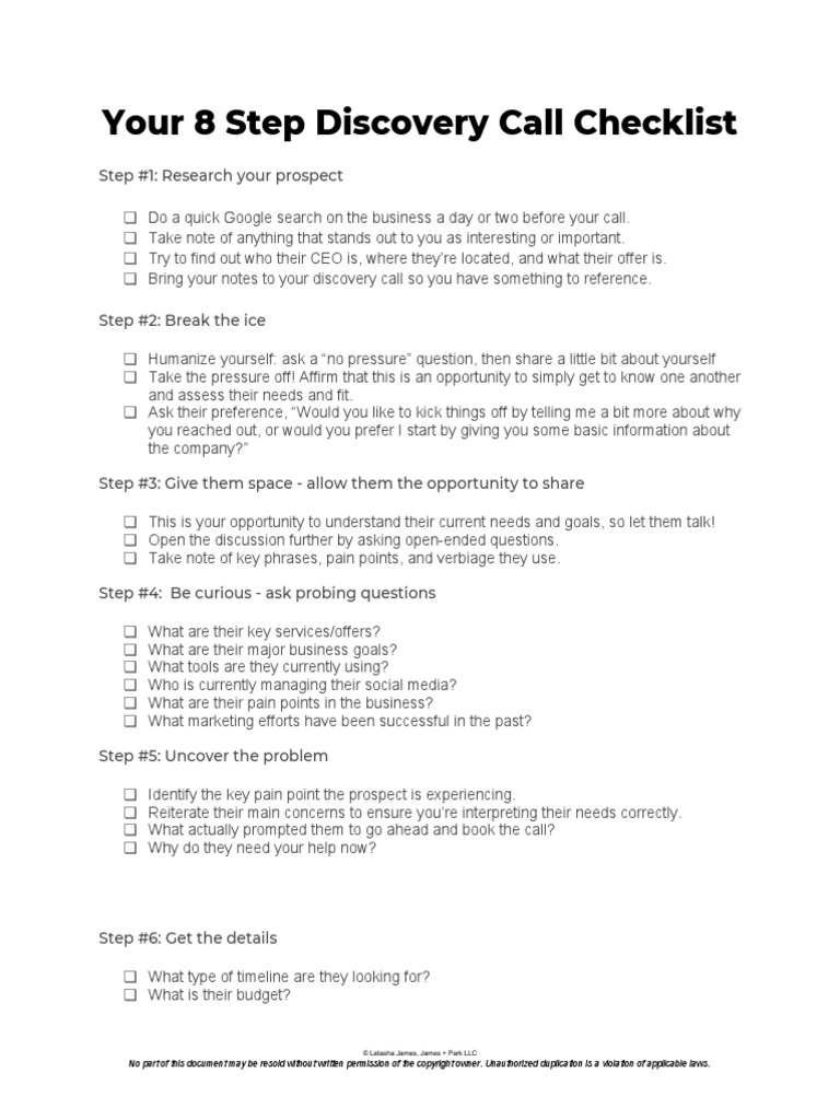 Your 8 Step Discovery Call Checklist: © Latasha James, James + Park LLC ...