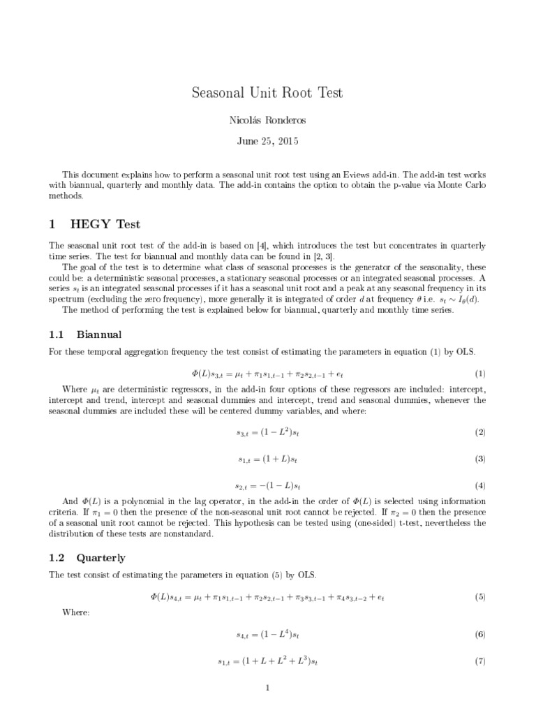 Seasonal Unit Root Test PDF Time Series Ordinary Least Squares