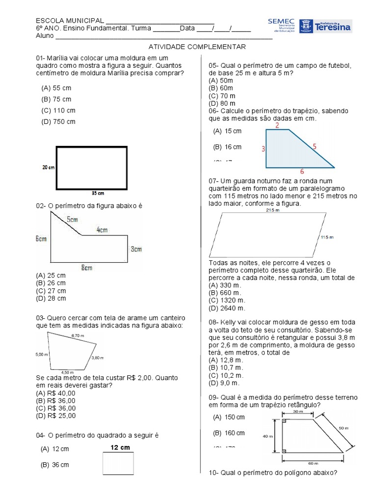 Atividade 6ºano Perímetro | PDF | Formas geométricas | Geometria do ...