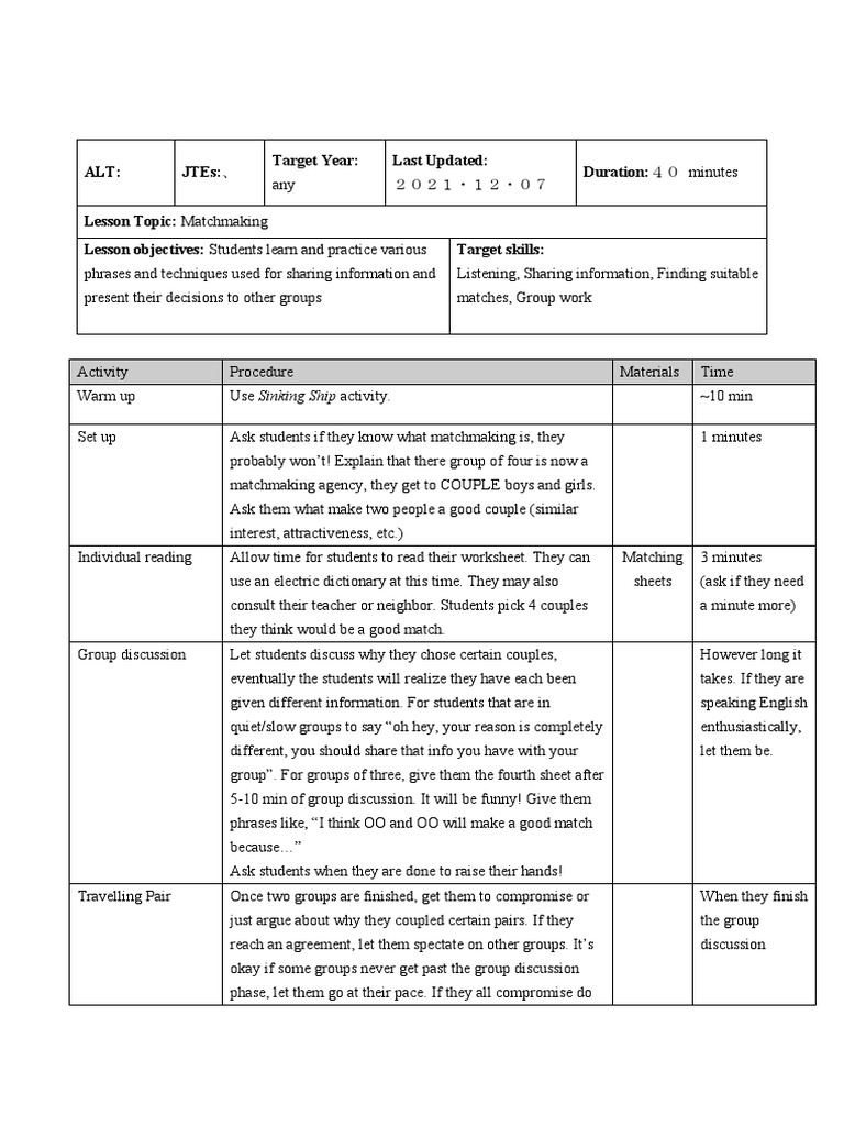 Matchmaking Lesson Plan for Students | PDF | Behavior Modification ...