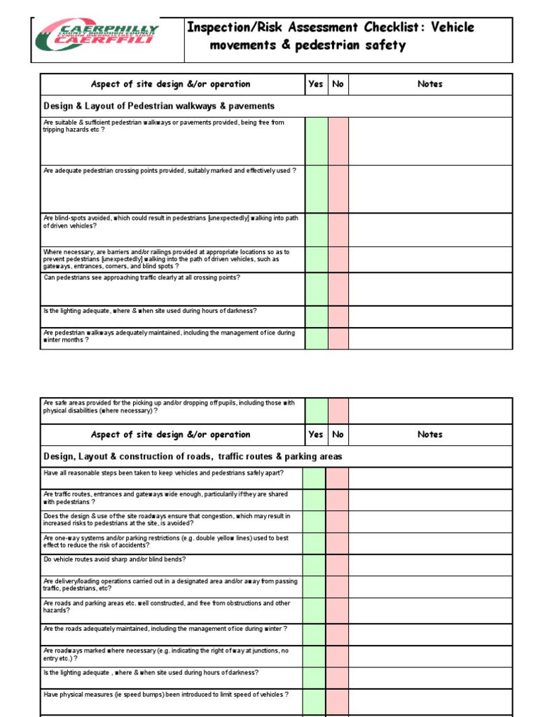 Form Vehiclepedestrian Inspection Checklist Traffic