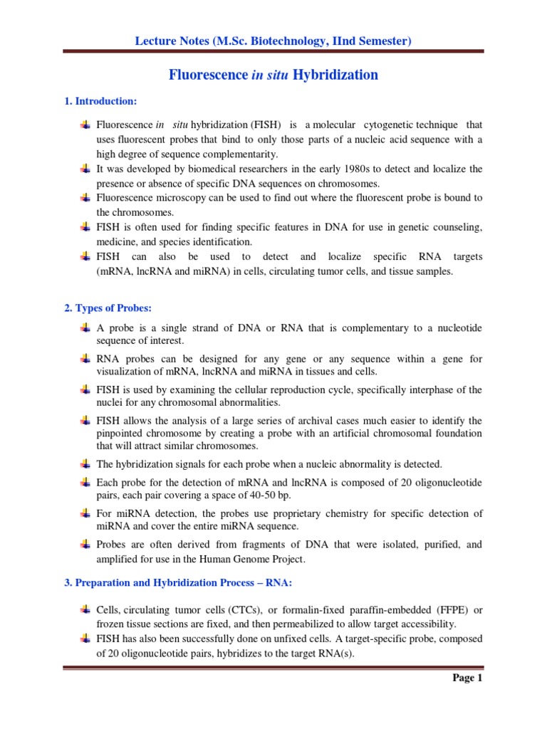 Fluorescence in Situ Hybridization Lecture Notes (M.Sc. Biotechnology
