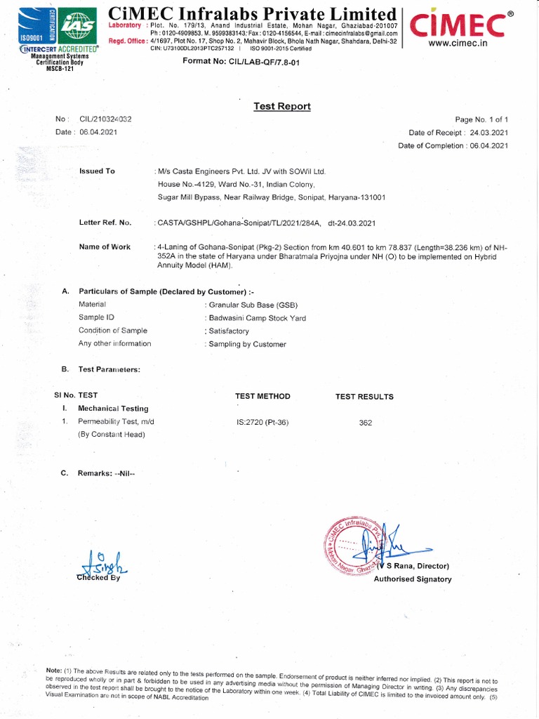 Permeability Test Results for Granular Sub Base Material from Badwasini ...
