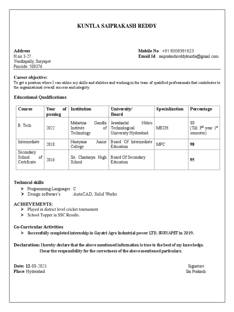 Kuntla Saiprakash Reddy: Address Mobile No Email Id | PDF