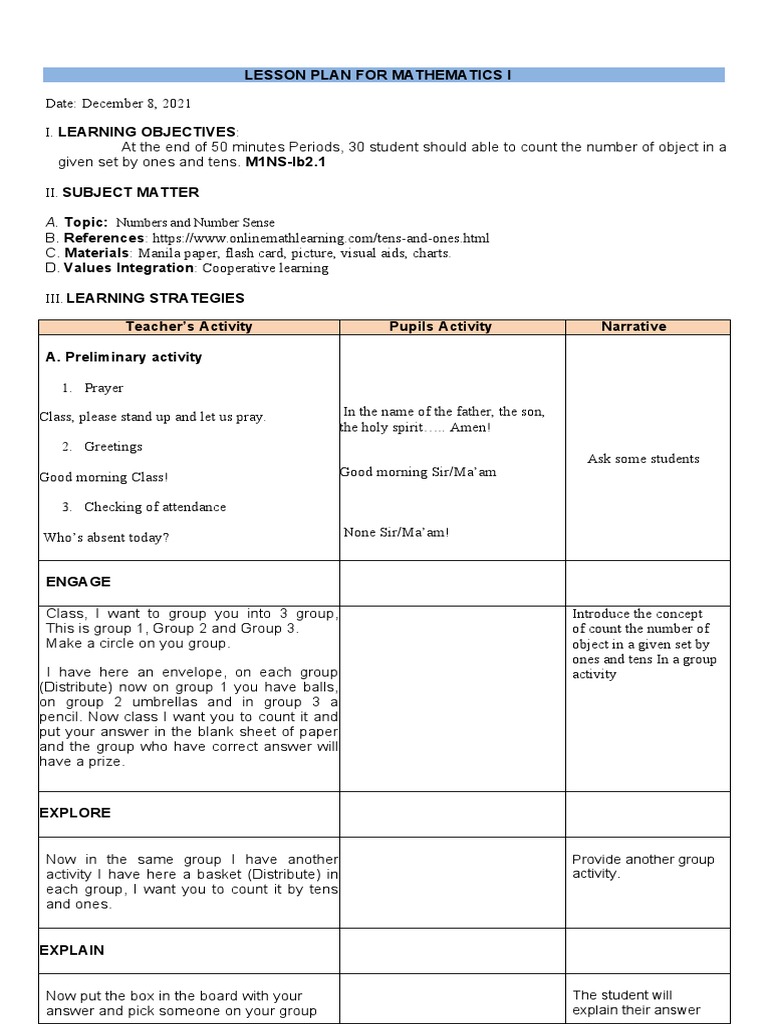Lesson Plan in Math 1 | PDF | Lesson Plan | Pedagogy
