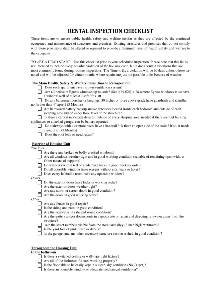 Housing Rental Inspection Checklist | PDF | Building Engineering | Stairs