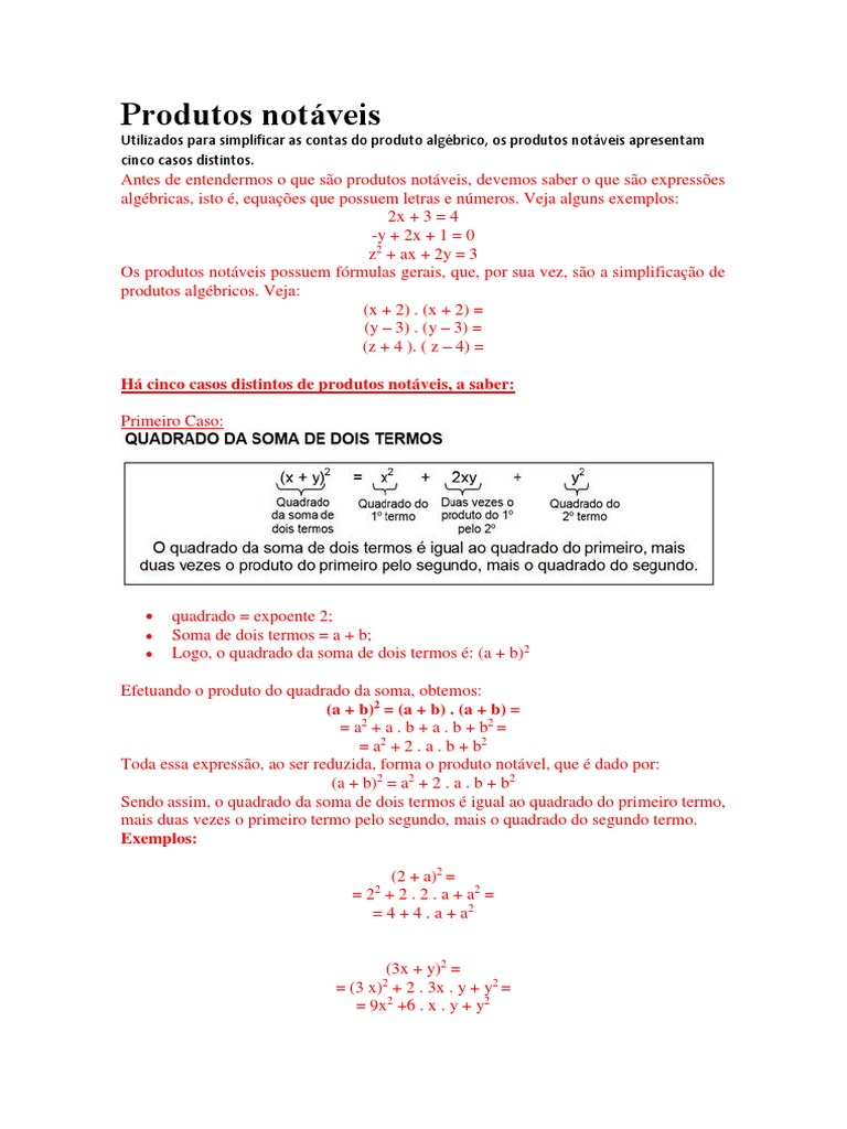 Produtos Notaveis | PDF | Equações | Álgebra abstrata