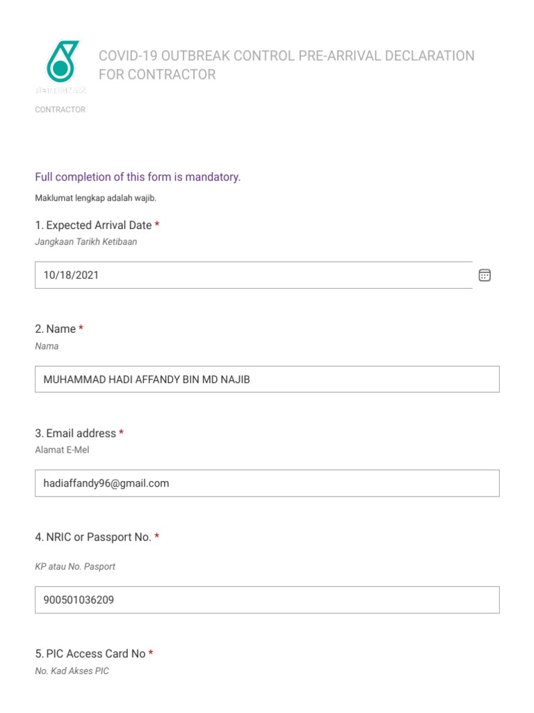 Covid-19 Outbreak Control Pre-Arrival Declaration For Contractor Ii ...