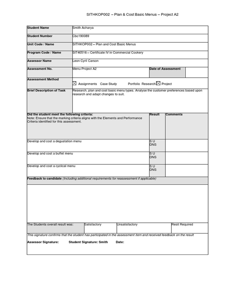 Assessment A2 - Menu Project 2 | PDF | Menu | Meal