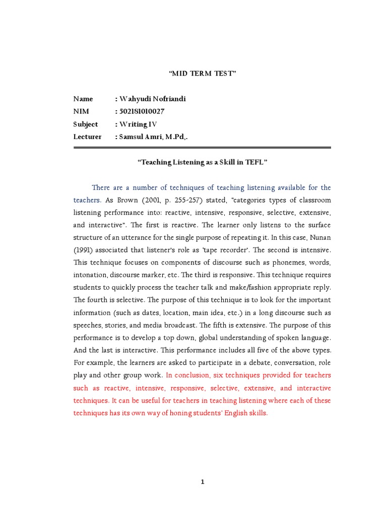 Mid Test of Writing IV - Wahyudi N. | PDF | Teachers | Communication