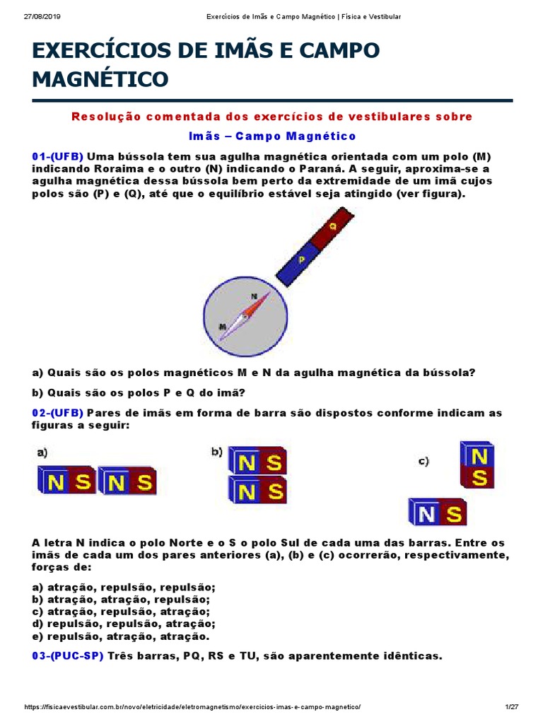 Resolução de exercícios sobre imãs e campo magnético com explicações ...