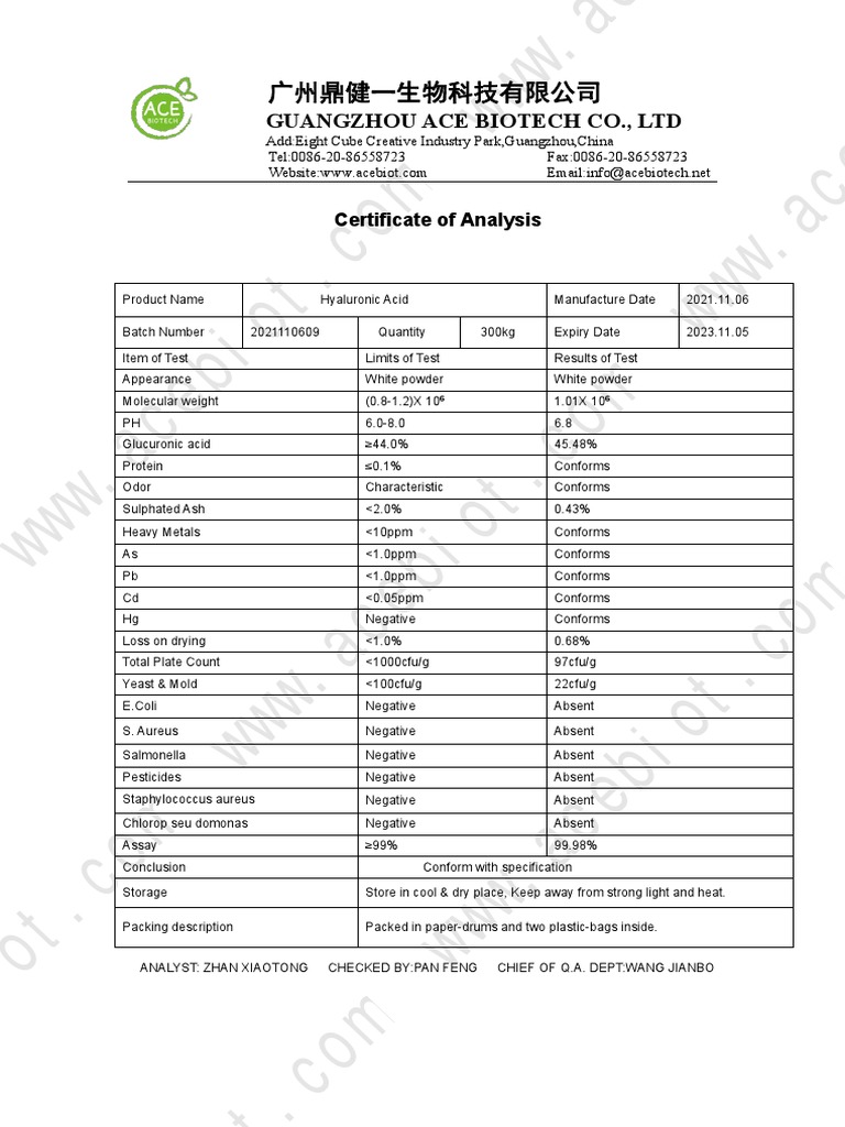 COA of Hyaluronic Acid | PDF | Chemistry | Biology