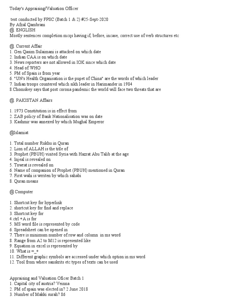 FPSC Appraising Officer Exam Guide | PDF | Pakistan | Quran