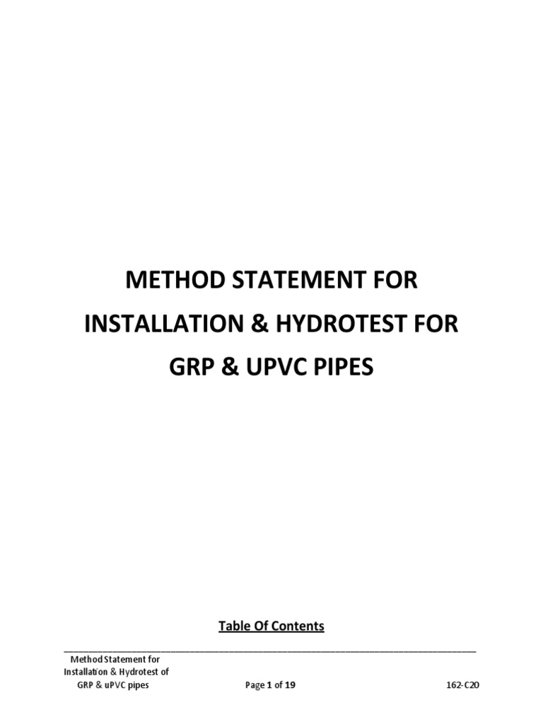 Method Statement For Installation & Hydrotest of GRP & Upvc Pipes PDF