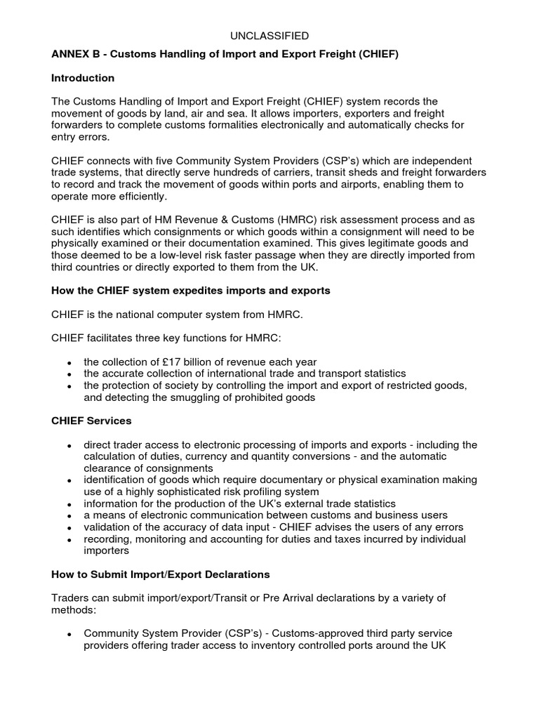 Customs Handling of Import and Export Freight CHIEF | PDF | Customs ...