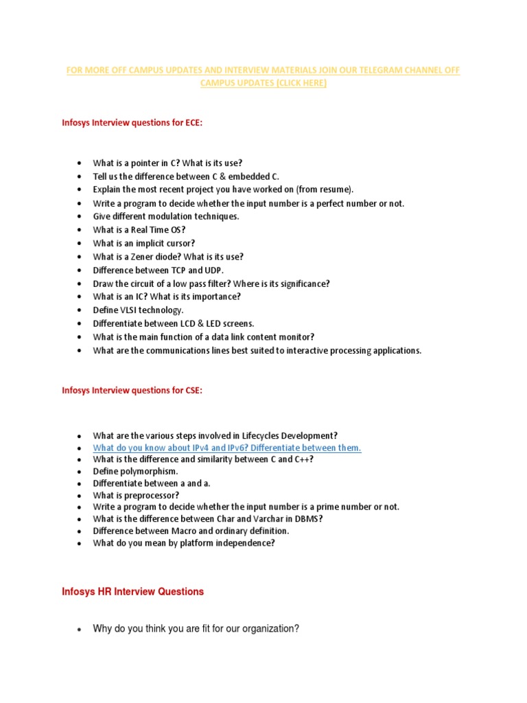Infosys Interview Questions For ECE PDF Electronic Engineering
