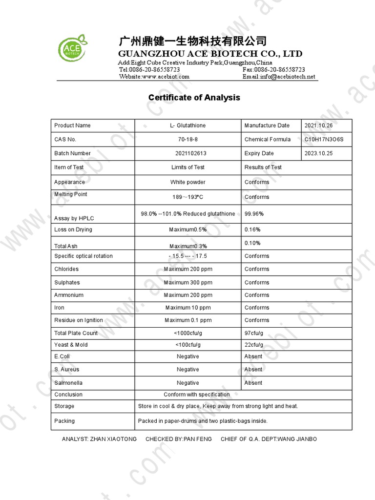 glutathione certificate of analysis Certificate of Analysis for L-Glutathione | PDF | Chemical Compounds