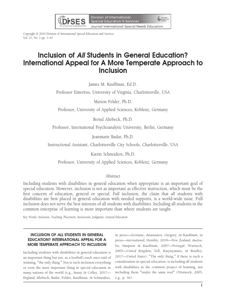 Inclusion of All Students in General Education International Appeal For ...