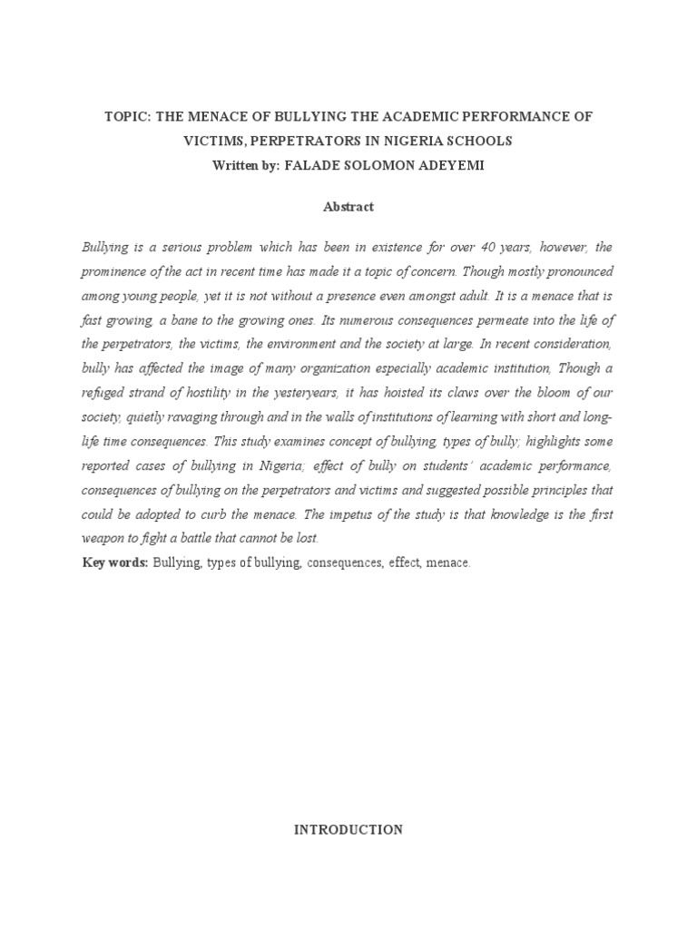 The Menace of Bullying The Academic Performance of Victims ...