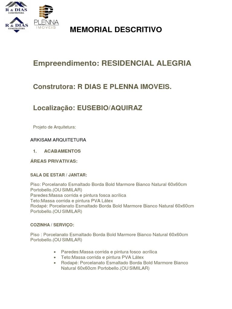 Memorial Descritivo Residencial Alegria | PDF | Chuveiro