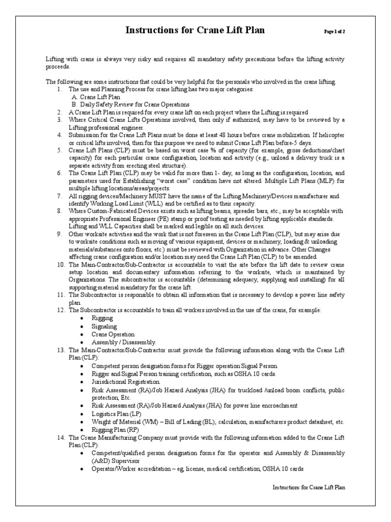 Instructions For Crane Lift Plan | PDF | Crane (Machine) | Safety