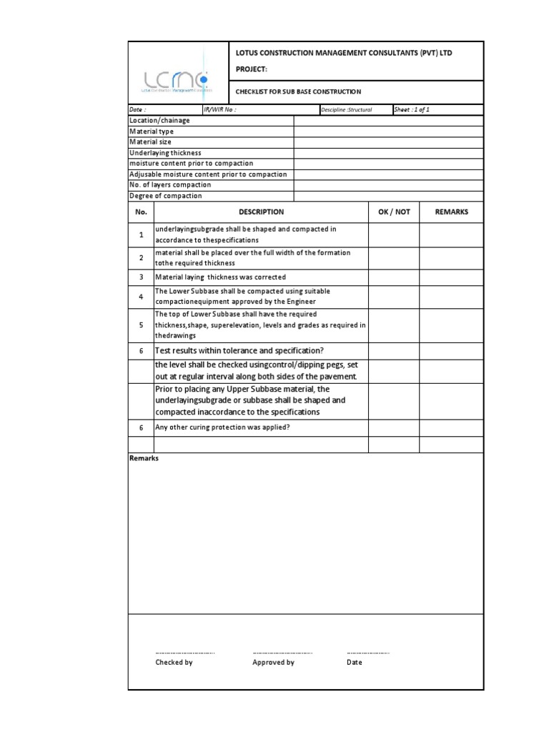 Sub Base Construction Checklist Guide | PDF | Technology & Engineering