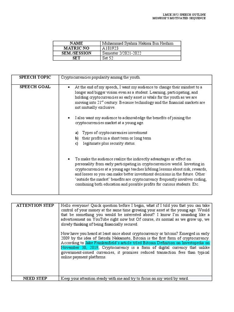 Speech Outline Monroe Template SyahmiHakimi PDF Cryptocurrency