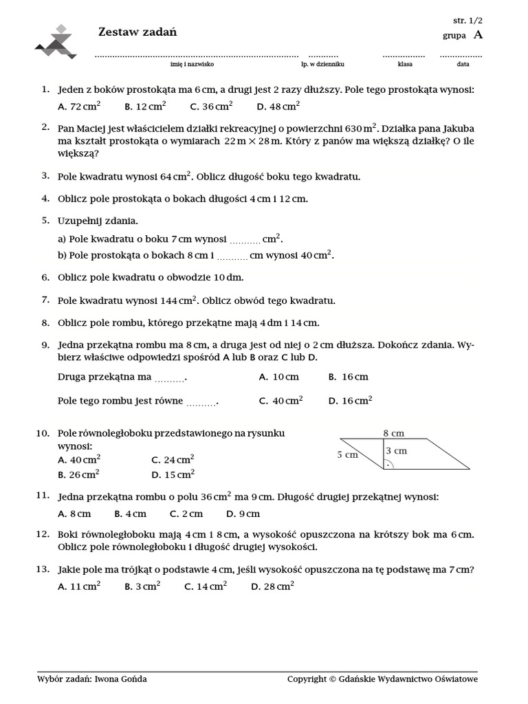 Pola Wielokątów Sprawdzian Klasa 6 Matematyka Z Plusem Pdf