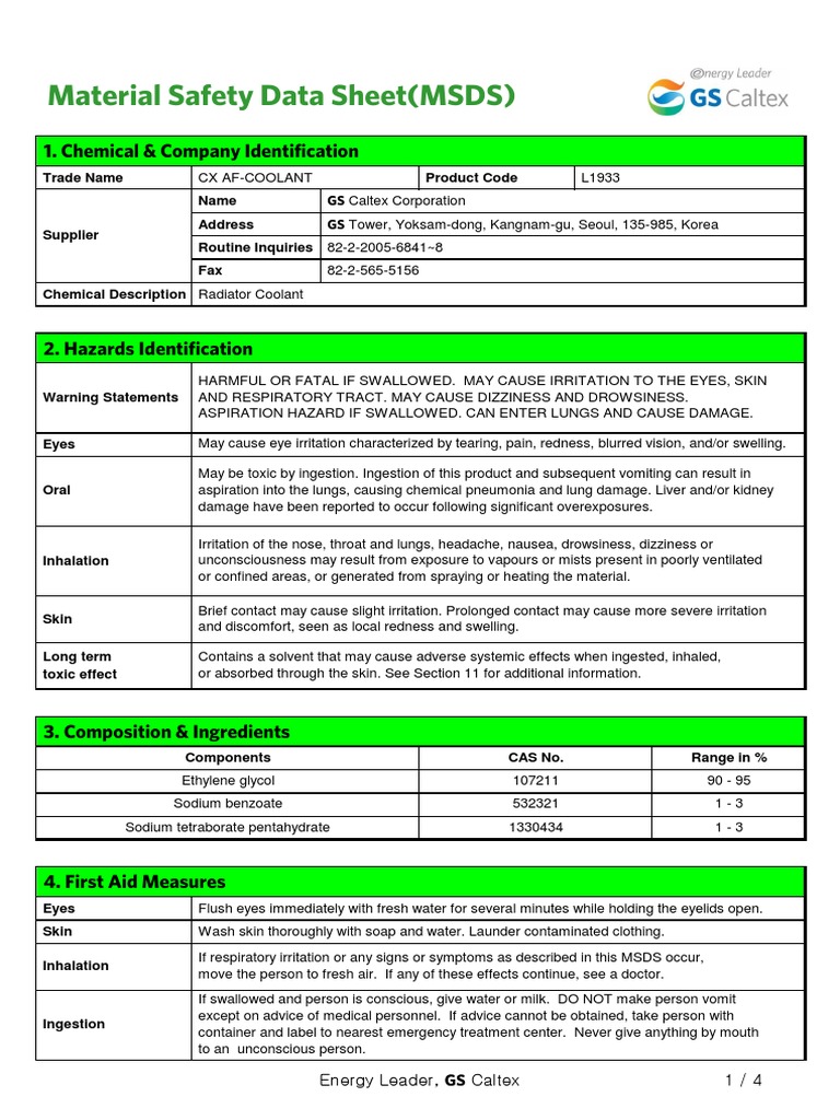 MSDS (E) CX Af Coolant PDF Water Firefighting