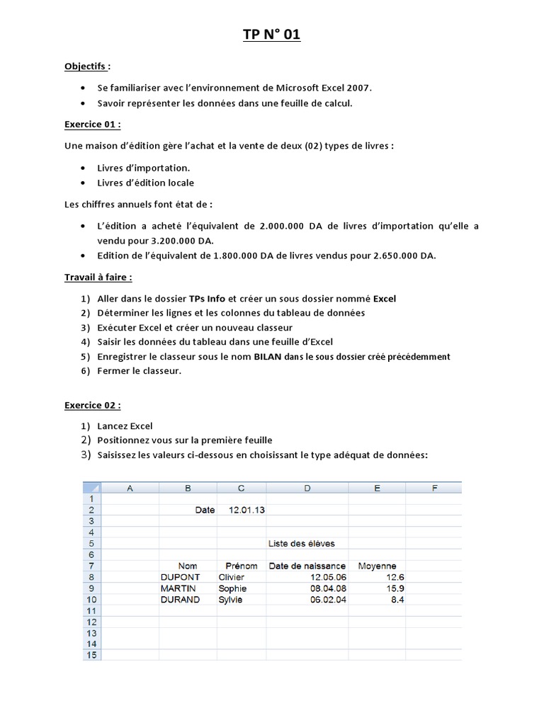 TP 01 Et 02 | PDF | Microsoft Excel | Informatique