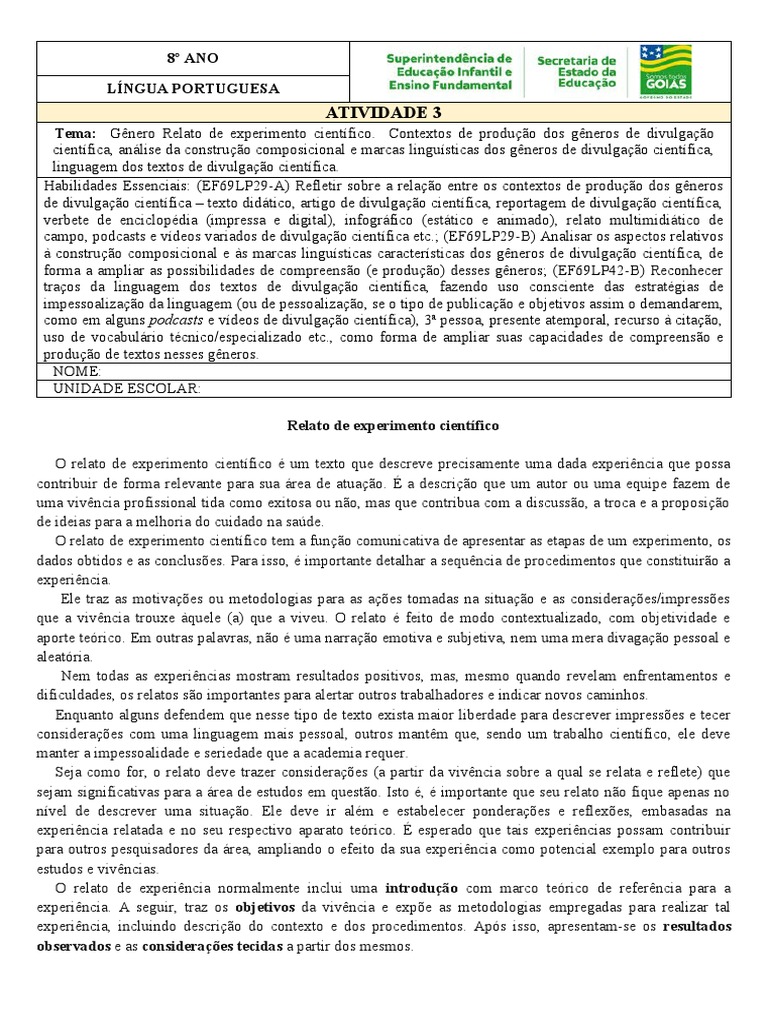 Relato de Experimento Científico 8º Ano | PDF | Science | Ciência Popular