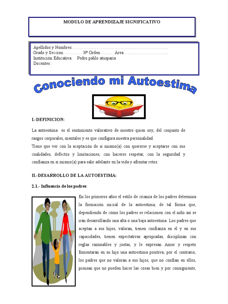 Hojas De Trabajo De Autoestima Actividades Para Trabajar La Autoestima
