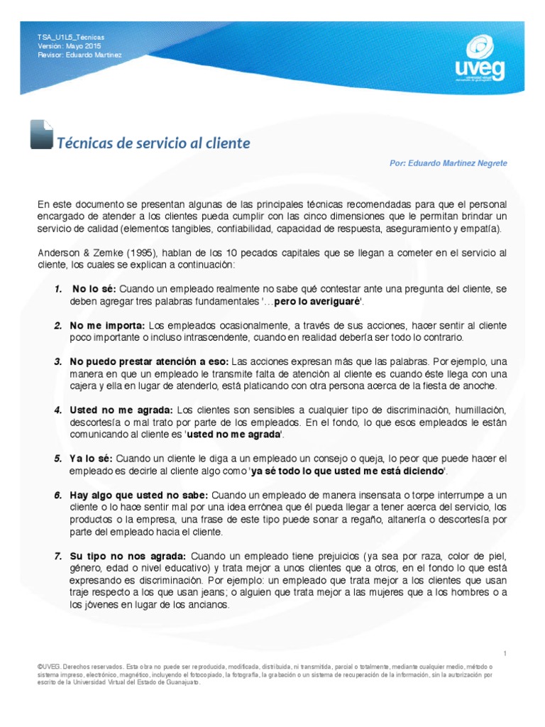 1 Técnicas de Servicio Al Cliente | PDF | Comunicación | Comunicación ...