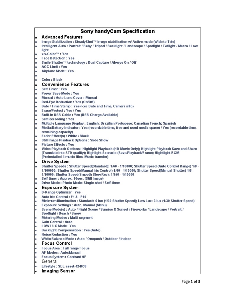 Sony HandyCam Specification | PDF | Zoom Lens | Pixel