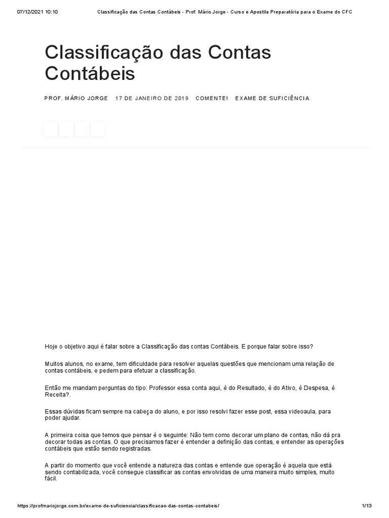 Classificação Das Contas Contábeis - Prof. Mário Jorge | PDF ...