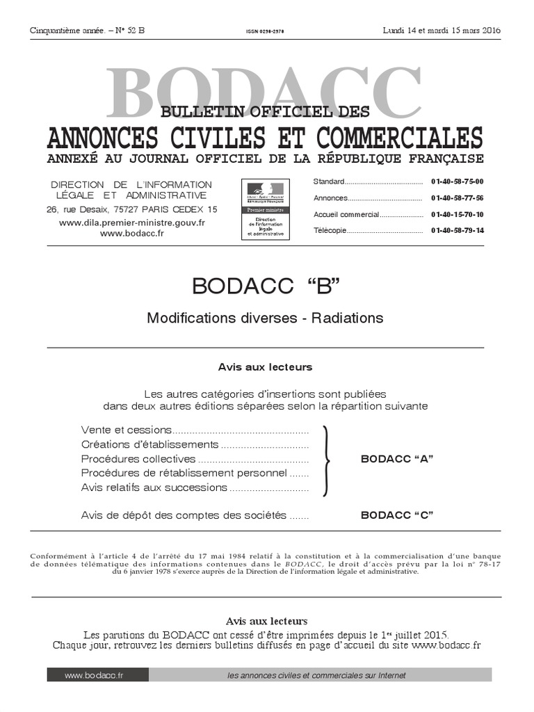 BODACC-B 20160052 0001 p000, PDF, Business