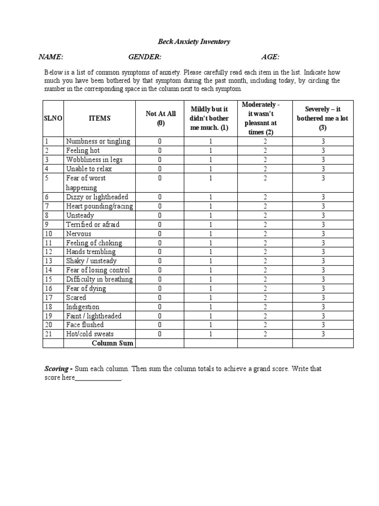 Beck Anxiety Inventory Name: Gender: Age PDF Anxiety Clinical