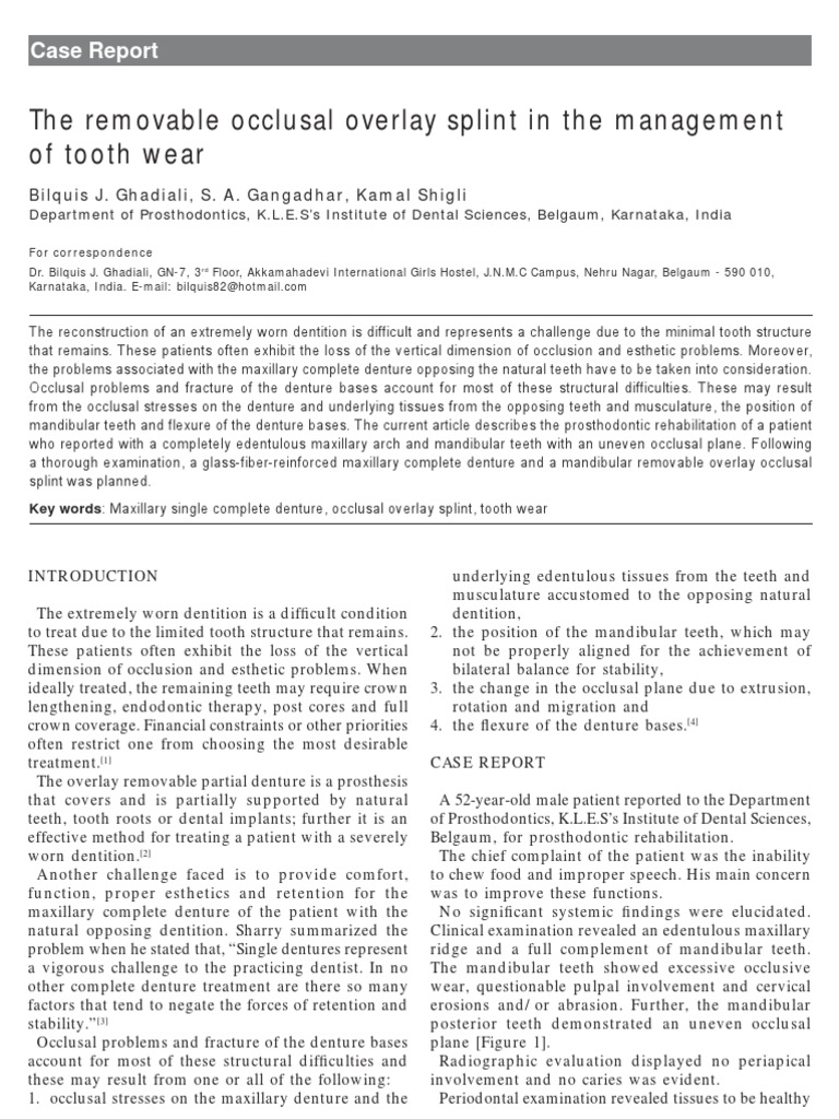 The Removable Occlusal Overlay Splint in The Management of Tooth Wear ...