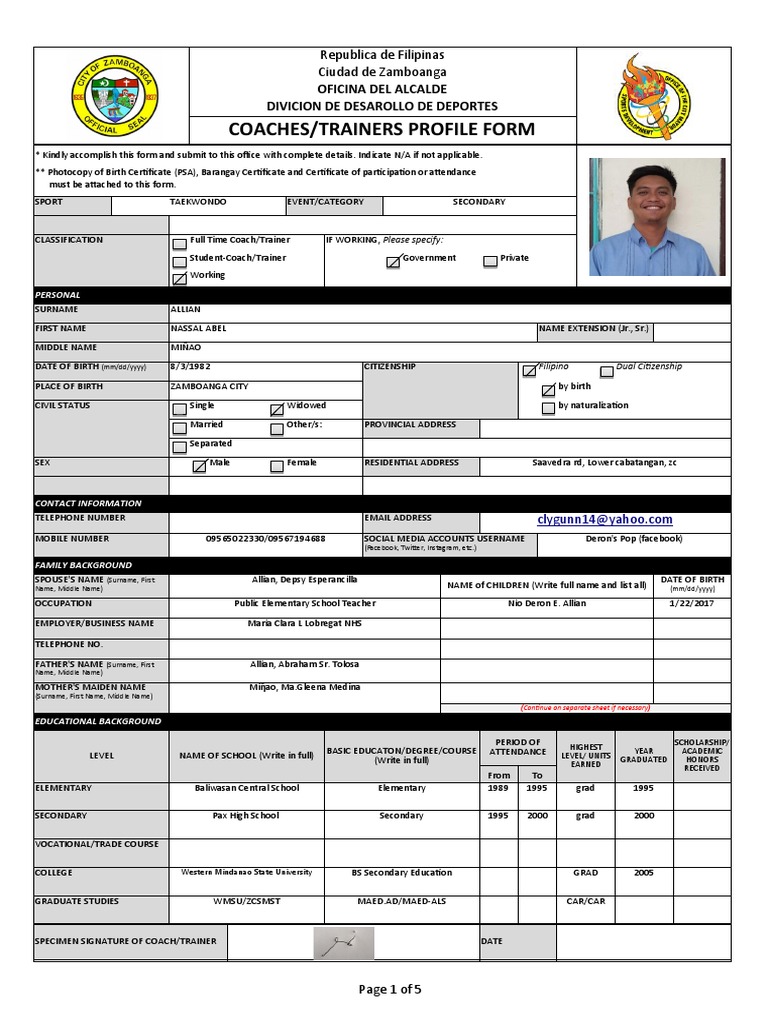 Allian Coaches Trainers Profile Form | PDF | Government