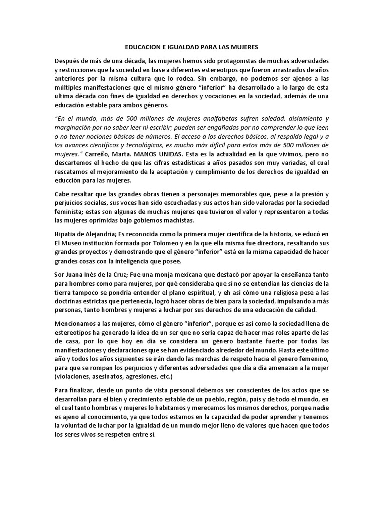 Educación y Igualdad de Género | PDF | Igualdad de género | Estudios de ...