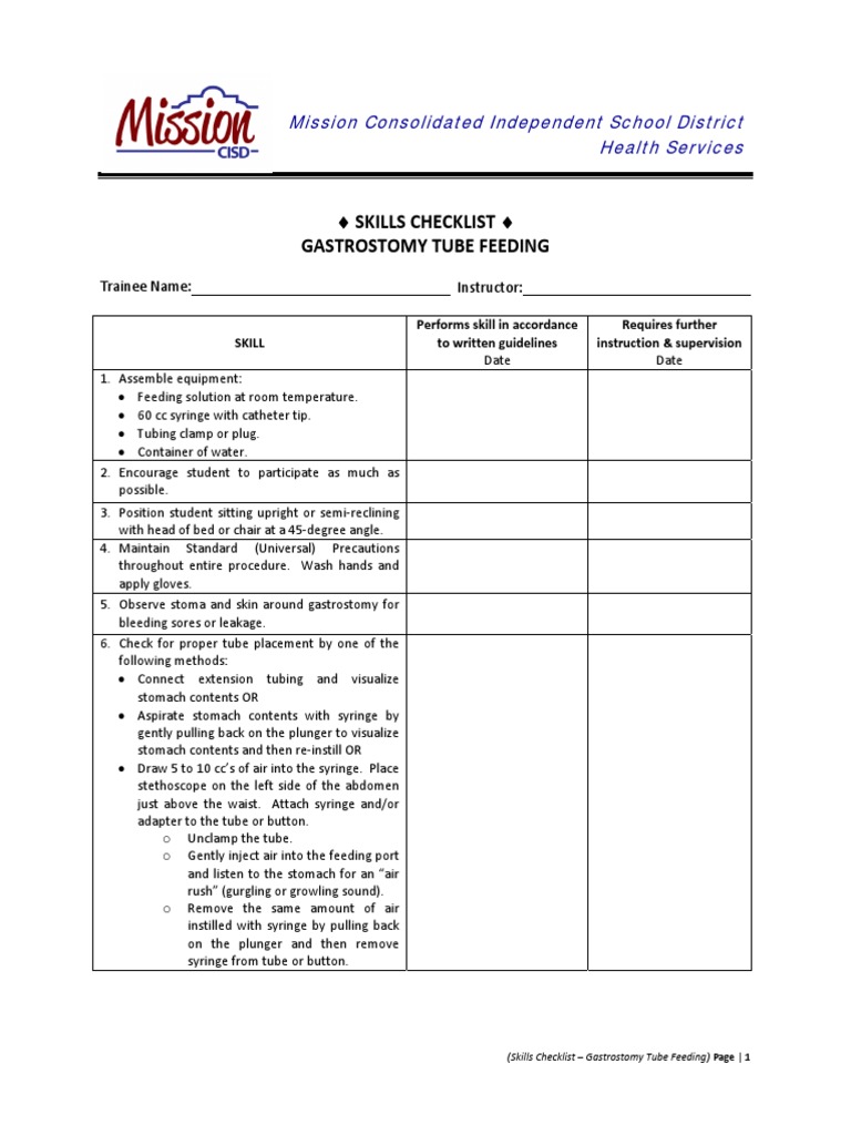 Skills Checklist - Gastrostomy Tube Feeding | Download Free PDF ...