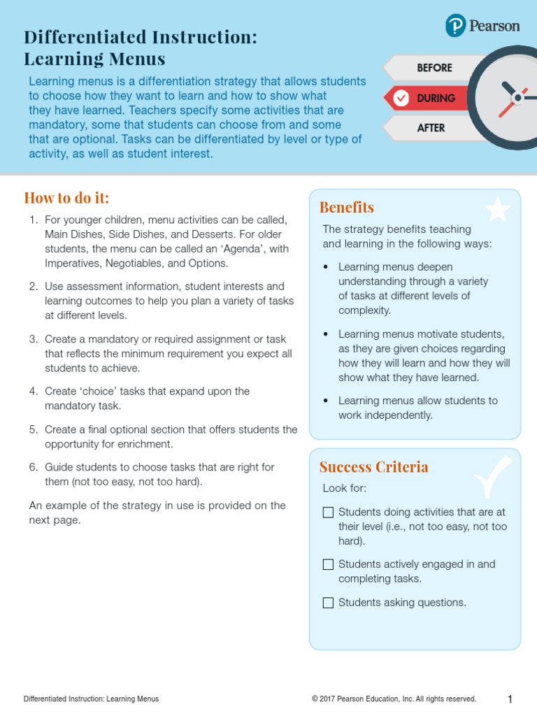 Differentiated Instruction Learning Menus Benefits How To Do It PDF