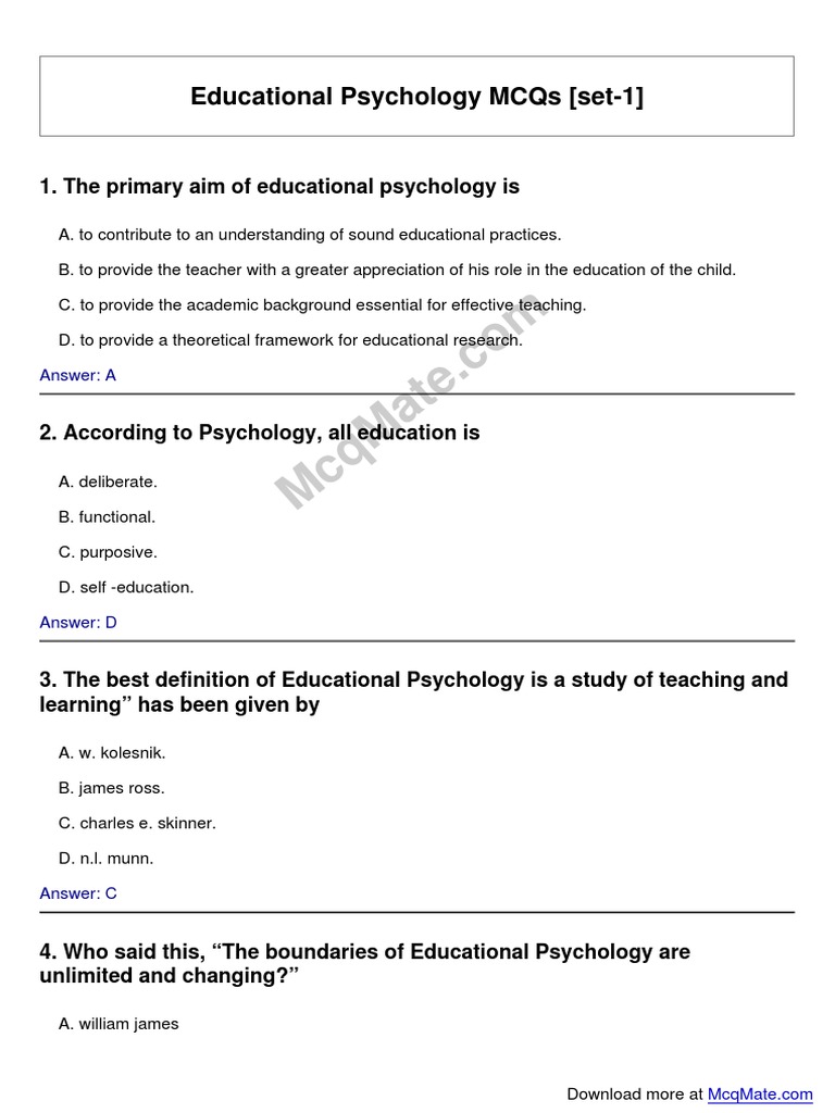 Educational Psychology Solved MCQs (Set1) PDF Psychology Educational Psychology