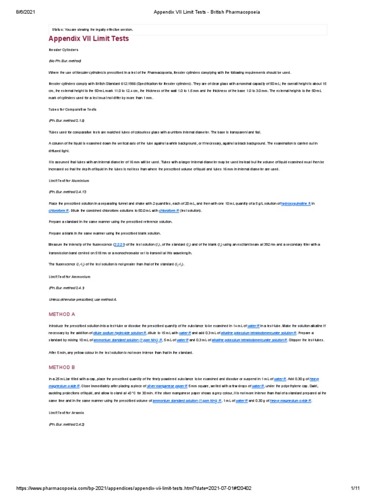 Appendix VII Limit Tests 3 - British Pharmacopoeia | PDF | Filtration | Ph