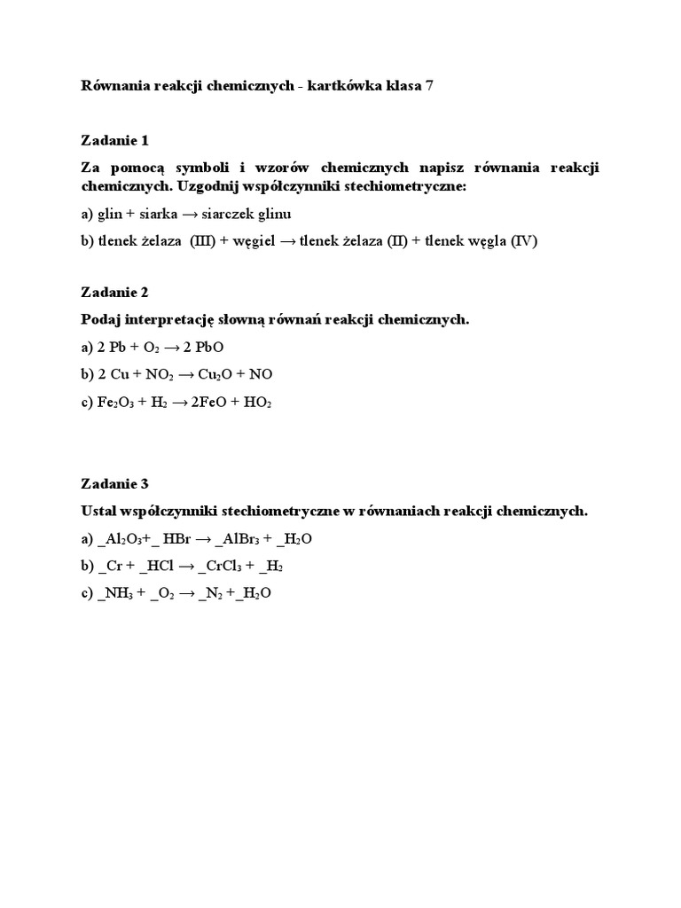 Bilansowanie Reakcji Chemicznych Klasa 7 Kartkówka Klasa 7 (4) - Równania Reakcji Chemicznych | PDF